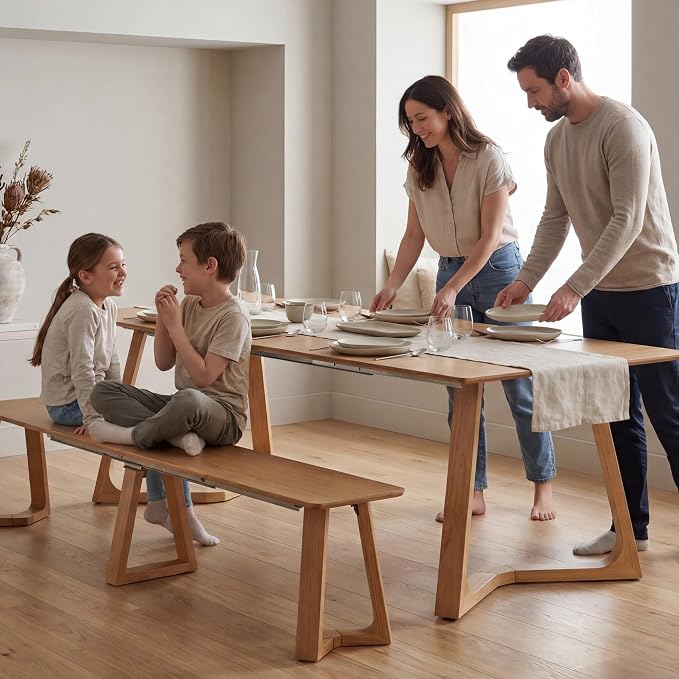 Transformer Table Nova Extendable Dining Table + Bench, Natural | Telescopic Steel Rails, Expandable 4 to 10 Seats, Kitchen & Banquet Table