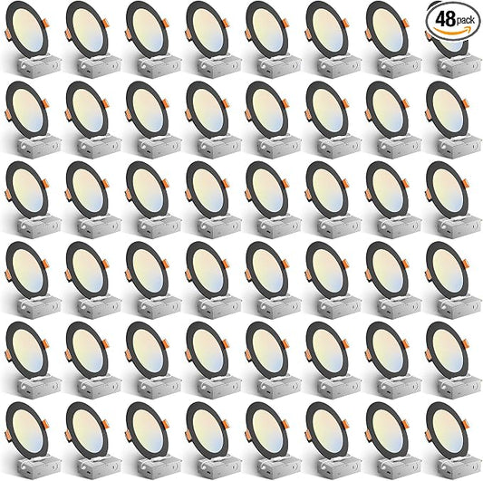 Amico 48 Pack 6 Inch 5CCT Ultra-Thin LED Recessed Ceiling Light with Junction Box, 2700K/3000K/3500K/4000K/5000K Selectable, 12W Eqv 110W, Dimmable Canless Downlight, 1050LM High Brightness,Black
