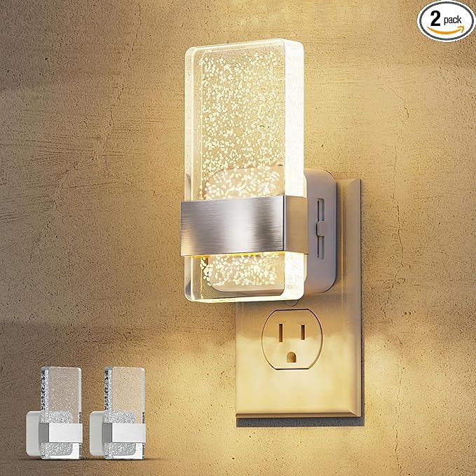 L LOHAS LED Night Light, Dimmable Night Lights Plug into Wall, 2 Pack Acrylic Silver Nightlight with Light Sensor, 0-100LM Automatic Plug in Nightlight for Bathroom, Hallway, Stairway, Gift