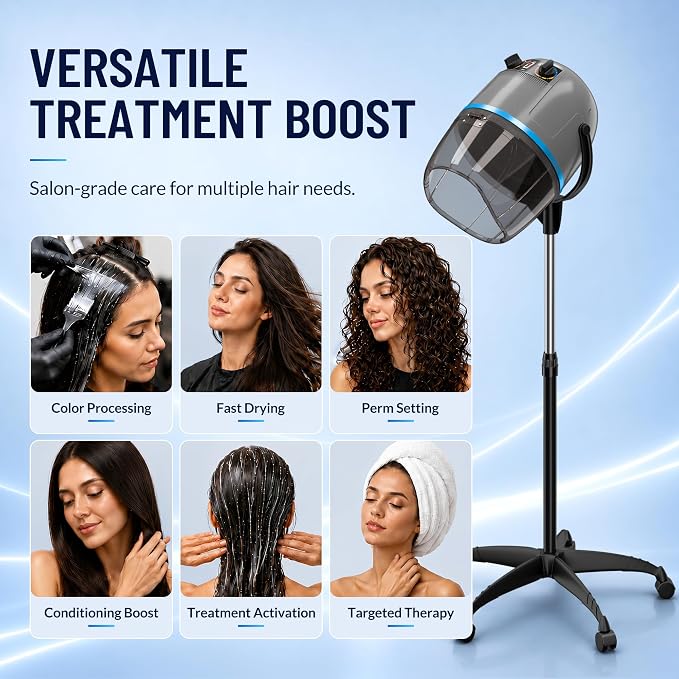 Nova Microdermabrasion Professional Hooded Floor Hair Dryer Adjustable Bonnet Hair Dryer Stand Up with Timer and Rolling Wheels for Beauty Spa Home Salon Equipment (Grey)
