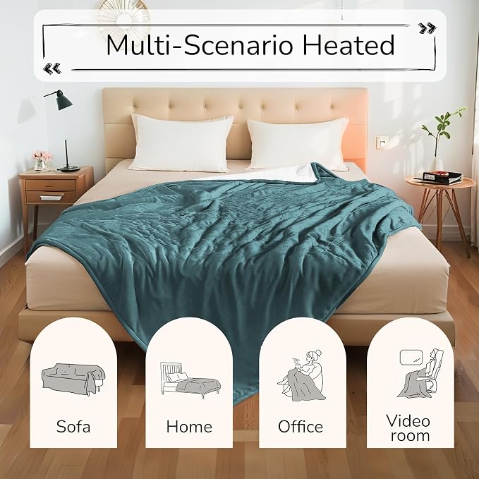 Electric Heated Blanket 90"x100" King Size for Safe All Night, Dual-Sided Microplush Sherpa for Bedroom Couch Use, 4 Heat Settings & 10 Hours Auto Off, Dual Controller, Machine Washable - Teal Green