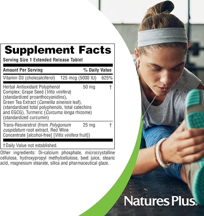 NaturesPlus Vitamine D3, Libération Prolongée - 90 Comprimés Végétaliens - 5000 UI + 25 mg Trans-Resvératrol - Santé Cardiaque et Osseuse, Soutien du Système Immunitaire, Anti-âge - Sans Gluten - 90 Portions