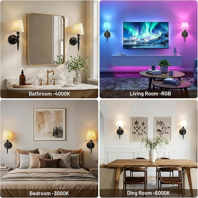 Battery Operated Wall Sconces Set of 2, Wireless Rechargeable Wall Lights with 12 RGB Colors and 3CCT Dimmable, Small Fabric LED Wall Lamps for Bedroom, Living Room, Hallway, Black
