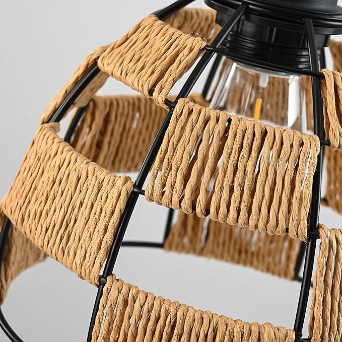 Battery Operated Chandelier with Remote & Timer, 7" Rattan Hanging Pendant Light, 4*AA Powered Cordless Outdoor Indoor Light, Dimmable Outdoor Chandeliers for Gazebo Porch Patio Bedroom Decor（2P）
