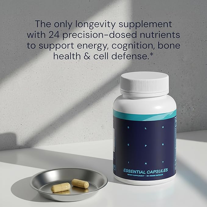 Blueprint Bryan Johnson Essential Capsules - Multivitamines/Multiminéraux Quotidiens pour Femmes et Hommes - Supplément Antioxydant avec Calcium, Vitamine B1, Vitamine D et Zinc - Végan et Sans OGM (30 Portions)