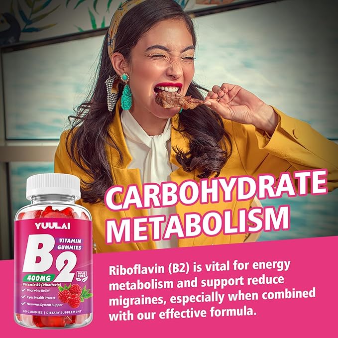 Paquet de Gommes de Vitamine B2 400mg | Supplément de Riboflavine avec Magnésium pour Enfants et Adultes, Gommes B2 pour le Soulagement de la Migraine, la Santé du Système Nerveux et de la Peau, Végétalien, Sans Sucre, Saveur Framboise, 120 Unités