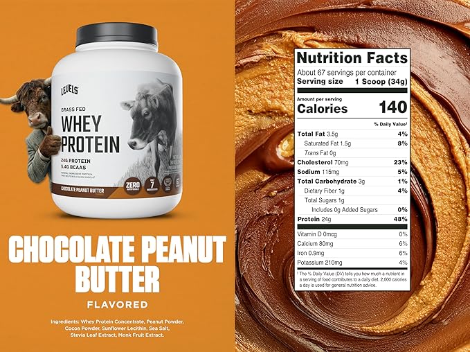 Levels Grass Fed Whey Protein Powder, No Artificials, 24G of Protein, Chocolate Peanut Butter, 5LB