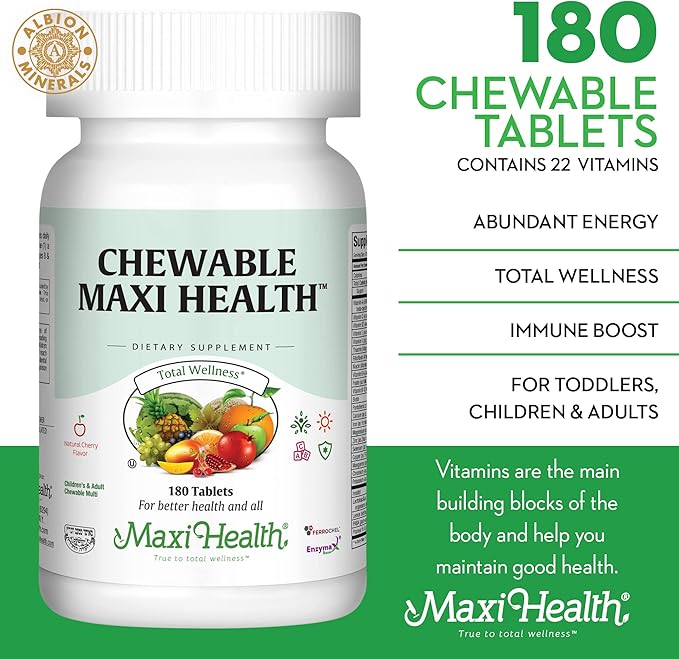 Maxi Health Multivitamine à croquer pour enfants, adolescents et adultes - Vitamines à croquer saveur cerise pour adultes et enfants - Multivitamine casher pour enfants + fer (180 comprimés)