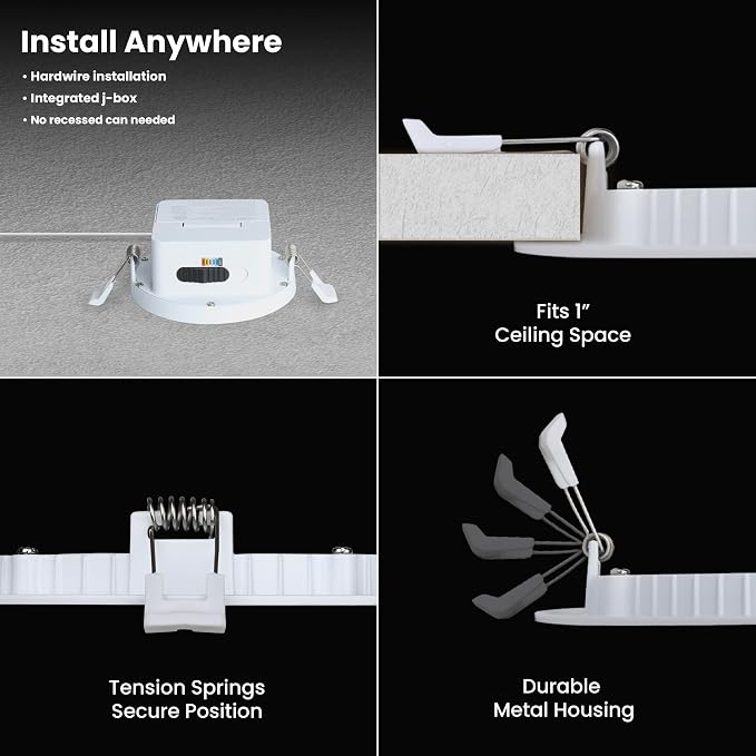 Feit Electric 4" LED Canless Recessed Downlight with Integrated J-Box, High Output, 75W Equivalent, Dimmable, 5CCT Selectable White, 90 CRI, 850 Lumens, 45-Year Lifetime, 4 Pack, LEDR4HOJBX/6WYCA/4