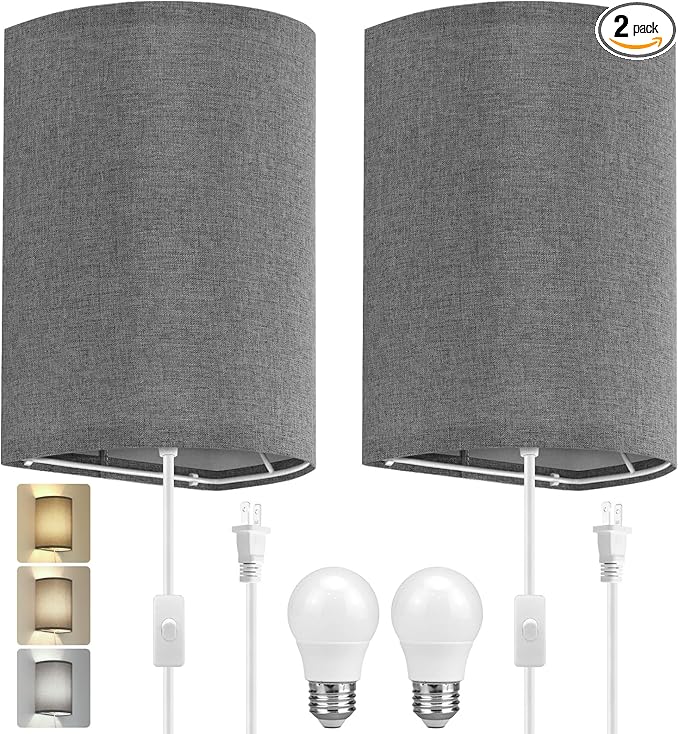 Wall Sconces Set of Two, Fabric Shades Plug in Wall Sconces, 3 Color Temperature Switching Modern Wall Light Fixtures, Wall Lamp with Plug in Cord, On/Off Switch Wall Lights for Bedroom Porch (Grey)