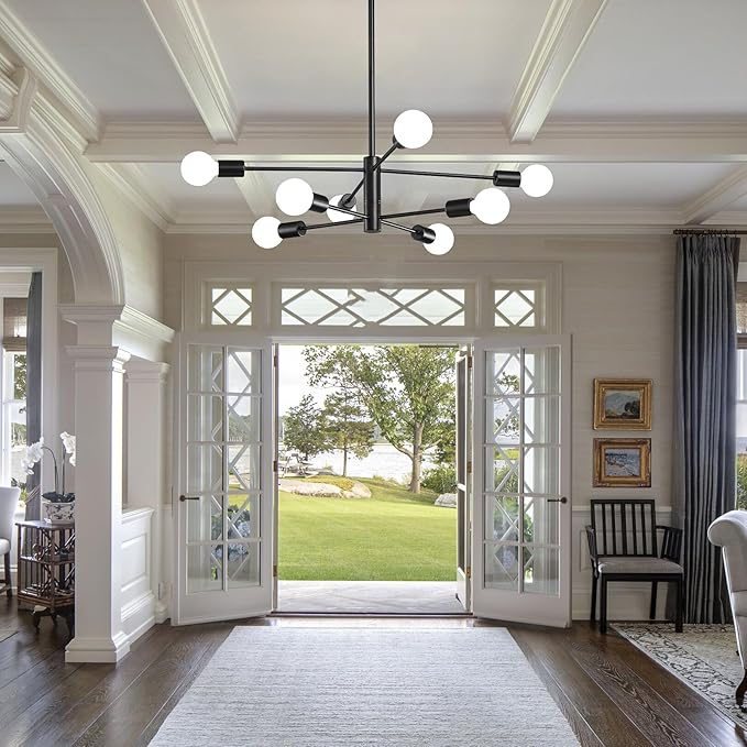 KAISITE Modern Chandelier Sputnik Ceiling Light Fixture Black Chandelier for Bedroom Living Room 8-Light Height Adjustable Dining Room Farmhouse Chandelier Over Table Ceiling Hanging Kitchen Lighting