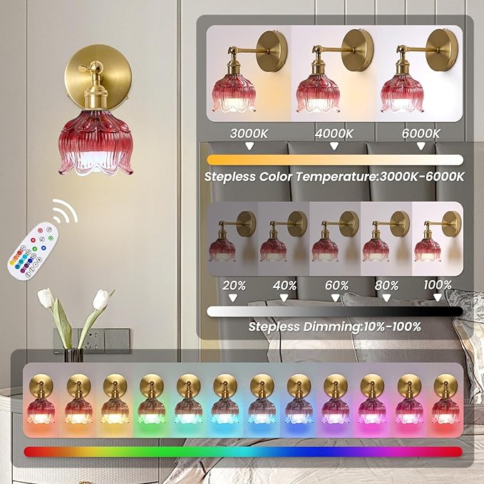 Vintage Battery Operated Wall Sconce - Set of 2 Rose Red Flower Glass Cordless Mounted Lighting - 5000mAh Rechargeable Dimmable Wireless Powered Light Sconces with Remote Control for Bedroom Bedside