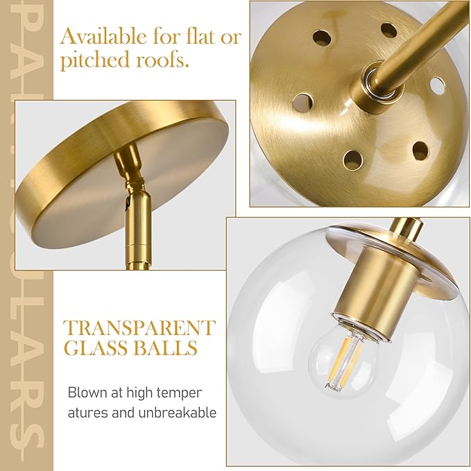Bagood 6" Globe Pendant Light Gold 2 Pack Mid Century Pendant Light Globe Pendant Lights Kitchen Island Brushed Brass Finished with Clear Glass Adjustable Ceiling Light Fixtures for Dining Room Bar