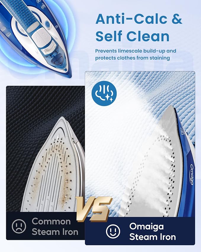 OMAIGA Steam Iron for Clothes, 1500W Clothes Iron with 3-Way Auto-Off, Non-Stick Ceramic Soleplate, Iron for Clothes with 11.84oz Water Tank, Self-Cleaning, Anti-calc, White