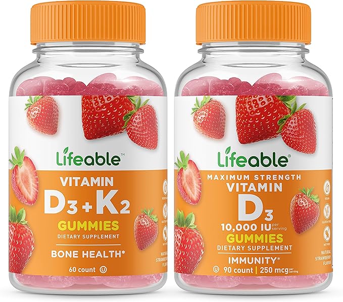 Lifeable ビタミンD3 + ビタミンK2 + ビタミンD 10000 IU グミバンドル – おいしいビタミンサプリメント、グルテンフリー、GMOフリー、チュアブルグミ