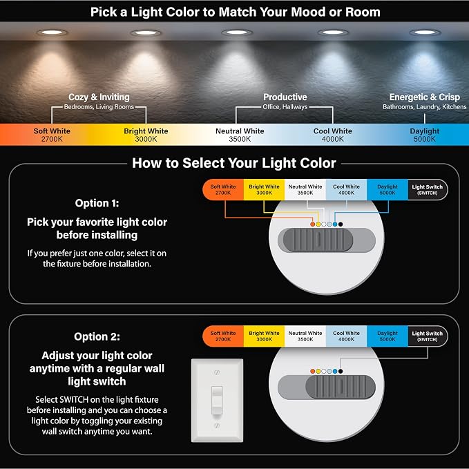 Feit Electric 4" LED Canless Recessed Downlights with Integrated Jbox, 50W Equivalent, Dimmable, 5CCT Selectable White, 90 CRI, 650 Lumens, 50,000-Hour Lifetime, LEDR4JBX/6WYCA/4, 4 Pack