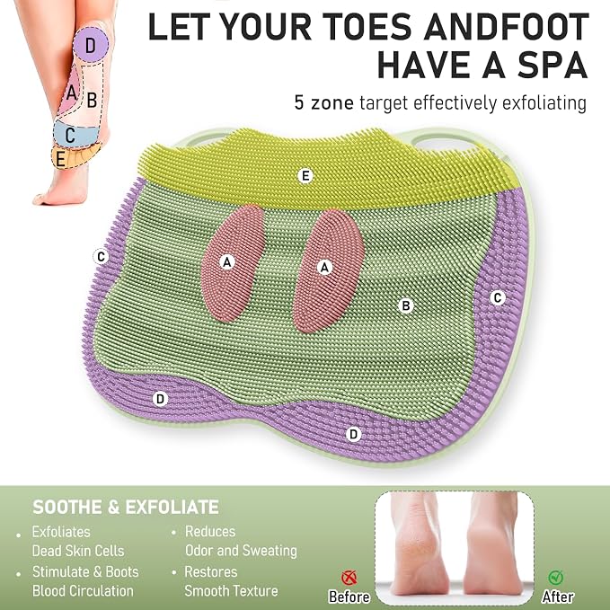 XL Shower Foot Scrubber Mat, Silicone Feet Massage Cleaner Dead Skin Toes Clean Pad without Bending Non-slip Suction Cups -Improve Circulation for Feet Beauty Exfoliate Smooth Achy 17.2*13" Sage Green