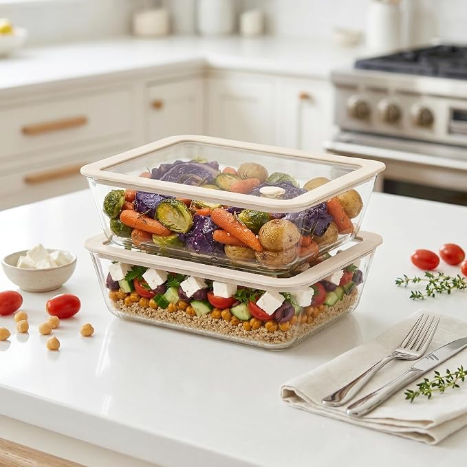 Urban Green Glass Food Container Set with Glass Lid, Large Meal Prep Container Set, Airtight Food Storage Containers with Air Vent Lid, 2 Pack, Large, 87oz, LeakProof, 100% Plastic Free, White color,