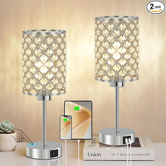 GyroVu Set of 2 Silver Crystal Touch Table Lamps for Bedroom, Dimmable Modern Bedside Lamps with USB-C & USB-A Ports, Nightstand Desk Lamps for Living Room & Home Office - Bulbs Included