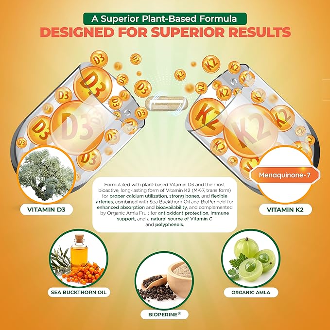 MoxyVites Vitamin D3 K2 5000 IU – High Absorption D3 + K2 MK-7 with Sea Buckthorn Oil & Omega-7 – Bone, Heart & Immune Support for Women & Men – 60 Vegan Capsules