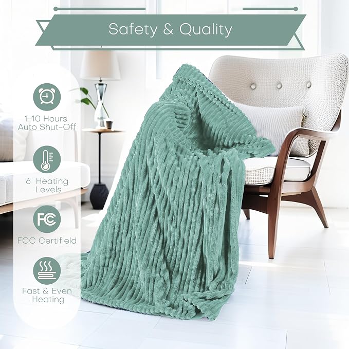 Electric Heated Blanket 50"x60" Throw Size with Cozy Flannel, 6 Heat Settings & 3 Hours Auto Off, Soft & Cozy Warming Throw for Home, Office, or Bed, Machine Washable, Bean Green