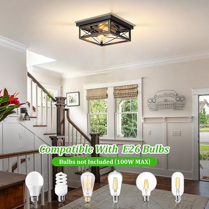 Oil Rubbed Bronze Hallway Light Fixture Ceiling, 2-Light Farmhouse Industrial Flush Mount Ceiling Lamp, 1-Pack Metal Kitchen Light Fixture, Close to Ceiling Lamp for Bedroom Living Room Entryway