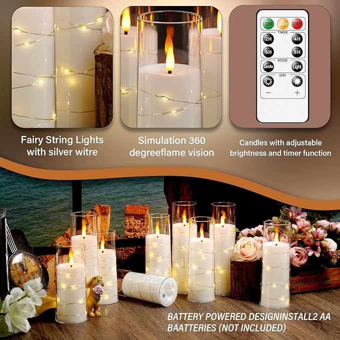 kakoya Flameless LED Candles with Timer 9 Pc Flickering Flameless Candles for Romantic Ambiance and Home Decoration Stable Acrylic Shell,with Embedded Star String，Battery Operated Candles（White）