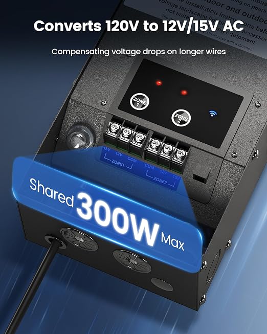 SURAIELEC 300W Wi-Fi Low Voltage Landscape Transformer, 2 Independent Channels, 2.4GHz Smart Landscape Lighting Transformer, Work with Alexa & Google Assistant,120V to 12V 15V AC, ETL Listed