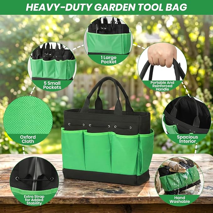Velway Garden Tools Set -11-Piece Heavy Duty Hand Tool Kit with Ergonomic Handles, Rust-Proof, Carry Tote Bag – Gardening Gifts for Women & Men (Green)