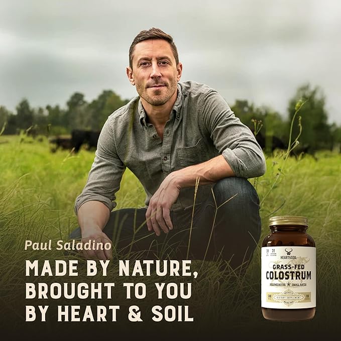 Complément de Colostrum 100% Nourri à l'Herbe HEART & SOIL Issu de Bétail d'Élevage Régénératif pour la Santé Intestinale, Musculaire et Immunitaire – Gélules de Colostrum Bovin 3000mg – Santé Intestinale pour Hommes et Femmes – 180 Gélules