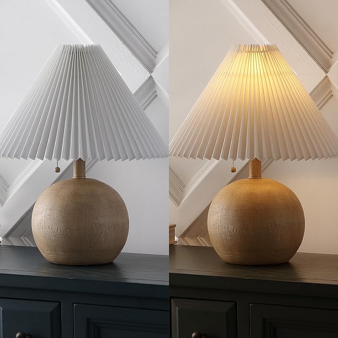 JONATHAN Y 17.25" Beige Wood Finish/White Sphere Table Lamp, Mid-Century Bedside Nightstand with Beige Pleated Linen Shade, Scandinavian Coastal Style, LED Bulb Included (JYL1145B)