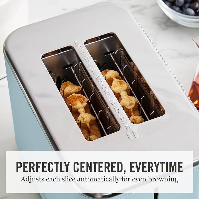 Martha Stewart 2 Slice Toaster, 10 Shade Settings with Defrost, Cancel, Bagel & Gluten-Free, Extra-Wide Self-Centering Slots for Waffles & Artisan Bread, Removable Crumb Tray, Cord Wrap, Sky Blue