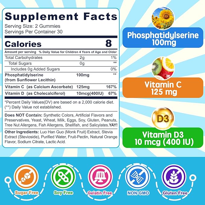 ホスファチジルセリンサプリメント100mg、子供とティーン向けフォーカスグミ+ビタミンC & D3 400IU、シュガーフリー子供用脳機能グミ、集中力・注意力向上、チュアブル、ビーガン、グルテンフリー、非遺伝子組み換え、2個パック