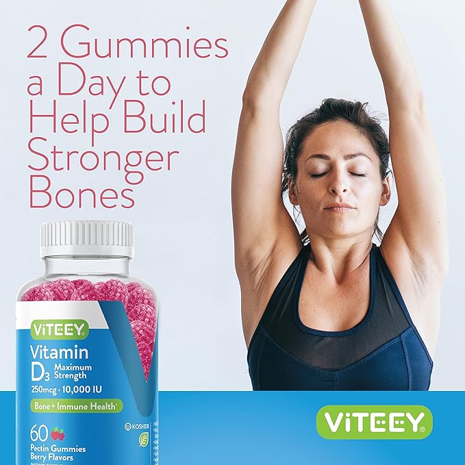 VITEEY Gommes Vitamine D3 pour Adultes et Adolescents - 10 000 UI, 250mcg, Puissance Maximale - Santé Articulaire et Musculaire, Renfort Immunitaire - Vitamine D à Croquer - Végétarien, Sans Gélatine - Goût Baies Délicieux