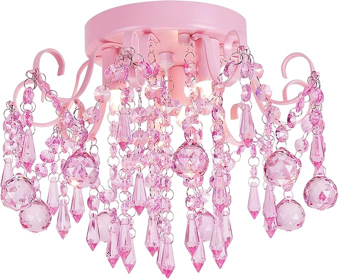 Q&S Mini Crystal Chandelier,Semi Flush Mount Pink Girl Chandelier, Small Crystal Ceiling Light Fixture Bedroom Bathroom Closet Nursery 3 Lights