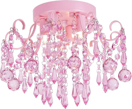 Q&S Mini Crystal Chandelier,Semi Flush Mount Pink Girl Chandelier, Small Crystal Ceiling Light Fixture Bedroom Bathroom Closet Nursery 3 Lights
