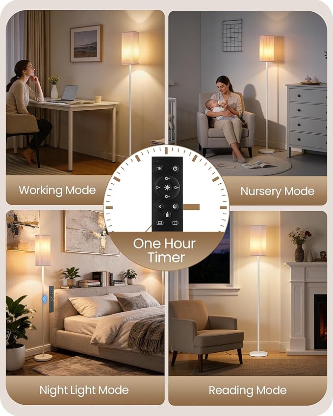 64.2'' Dimmable Floor Lamp for Living Room with Remote and Foot Switch, Corner Floor Lamp for Bedroom, Includes 10W A19 Bulb, Modern Standing Tall Lamp, ETL Listed, White WCW17LD05