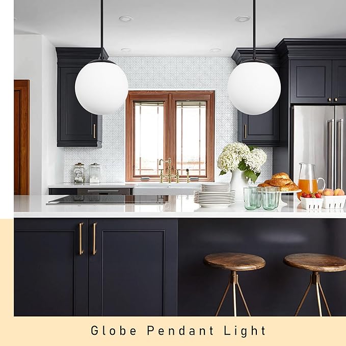 Bagood 14" Globe Pendant Light 3-Light Black Milk Glass Pendant Light Mid Century Modern Light Fixture Globe Pendant Lights Kitchen Island Matte Black Finished with Milk Glass Lampshade for Bedroom