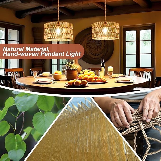 Plug in Pendant Light,Rattan Hanging Lights with Plug in Cord,Handmade Hanging Lamp Plug in,Rattan Light Fixtures Ceiling Hanging for Living Room Bedroom