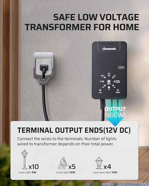 DEWENWILS 60W Low Voltage Transformer, 120V AC to 12V DC, Dusk to Dawn Sensor & Countdown Timer, Weatherproof Low Voltage Landscape Transformer for Spotlight, Garden Light, Pathway Light