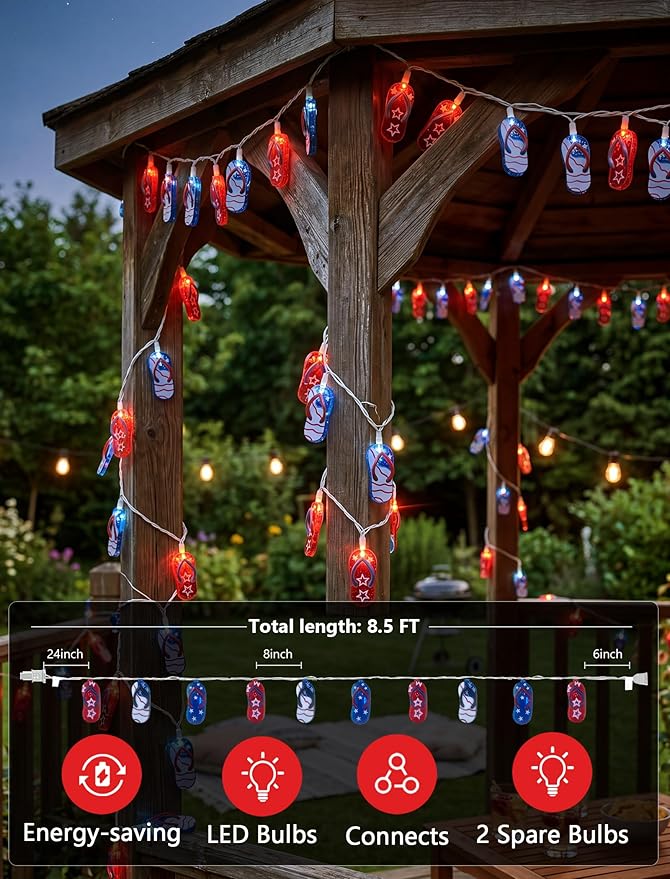 GOOTHY 4th of July Decorations Lights, 8.5Ft 10 Outdoor American Flag Slippers String Lights, Connectable Patriotic Flip Flop Fairy Lights for Outdoor Independence Day Memorial Day Summer Beach Party