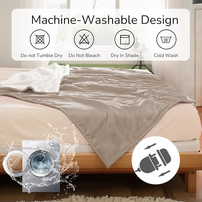 Electric Heated Blanket 84"x90" Queen Size, Dual-Sided Microplush Sherpa for Bedroom Couch Use, 4 Heat Settings & 10 Hours Auto Off Energy Saving, Dual Controller, Machine Washable - Light Brown