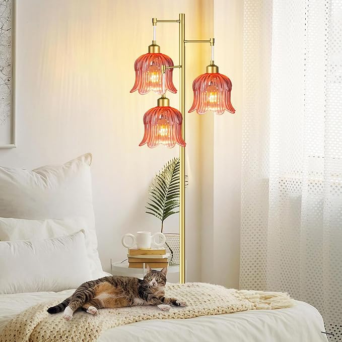 QIYIZM Pink Floor Lamp for Living Room,Bedroom,Gold Mid Century Modern Standing Lamp Brass Tree 3 Light Tall Floor Lamps Floor Lights Glass Flower Lamp Shade Girls Kids Boho Bohemian