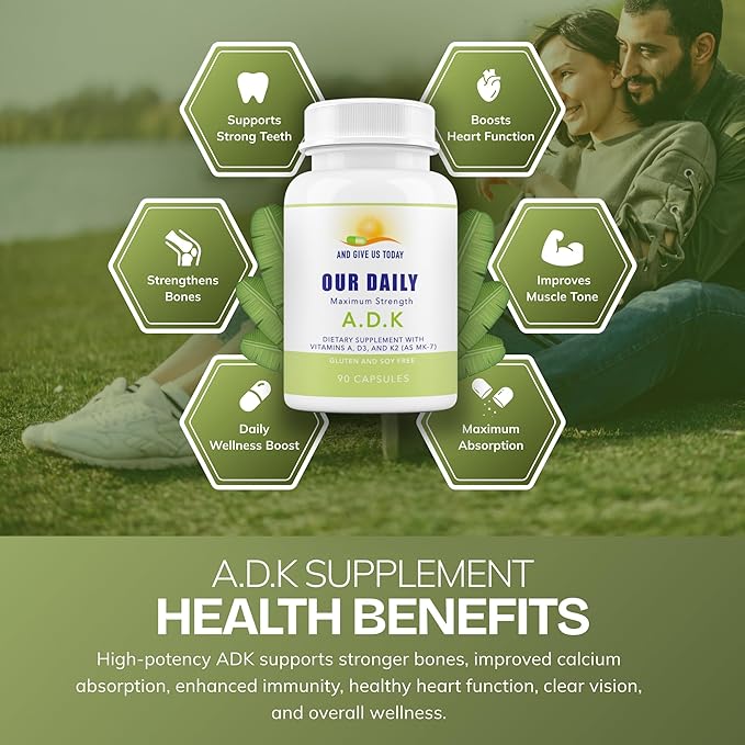 Daily Vites, Complément vitaminique ADK 5000 UI – 180 capsules – Vitamines A, D3 et K2-MK7 haute puissance – Formulé par un médecin pour le soutien des os, du cœur et du système immunitaire – Sans OGM, sans gluten, approvisionnement de 6 mois (lot de 2)