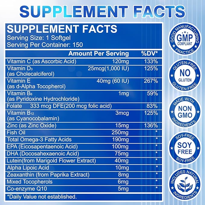 Lutein and Zeaxanthin Supplement - AREDS 2 Plus+ Eye Vitamins, 40 mg Lutein & 8 mg Zeaxanthin with Vitamins C, E, Zinc, Omega-3 & CoQ10 for Blue Light Protection, Eye Health Support  - 450 Softgels