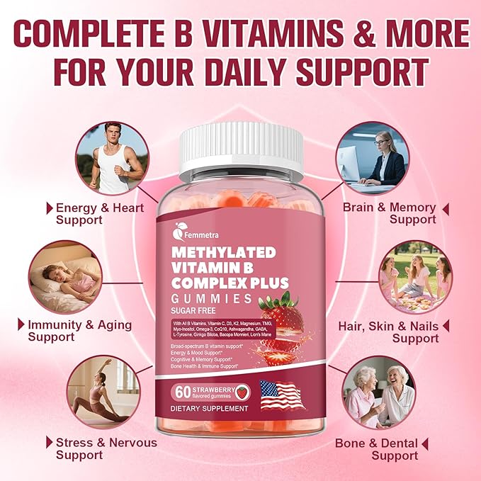 Gummies sans sucre complexe de vitamine B méthylée - Toutes les vitamines B + vitamine C D3 K2 Ashwagandha Magnésium Oméga 3 CoQ10 pour femmes et hommes - Méthylvitamine B12, méthylfolate, B1, B2, B3, B5, B6, B7 B9