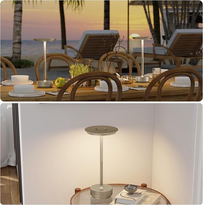 TBBGA 2 Pack Rechargeable Cordless Table Lamps, Portable 5000mAh Outdoor Table Light, 3 Color Stepless Dimming LED Table Lamp with Memory Function, for Home/Dinner/Patio/Restaurant.(Champagne Gold)