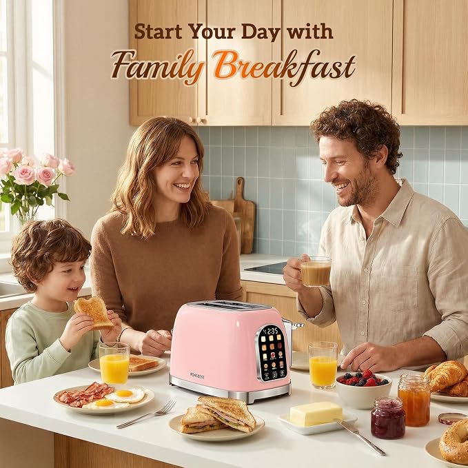 RONGBEST Retro Toaster 2 Slice Stainless Steel with Wide Slot Touchscreen for Breakfast Bagel & Bread, Reheat & Defrost, 6 Browning Levels, Removable Crumb Tray, Blush Pink