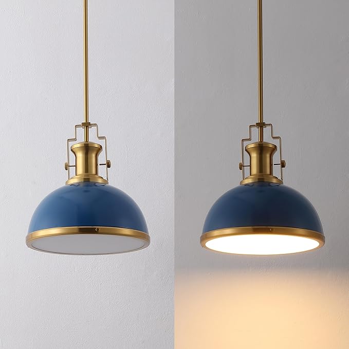 JONATHAN Y JYL9536G 13" Modern Industrial Dome Pendant Light, Farmhouse Hanging Light Fixture in Navy and Brass Gold, Adjustable Height Metal Lighting for Kitchen Island, Dining Room, Entryway
