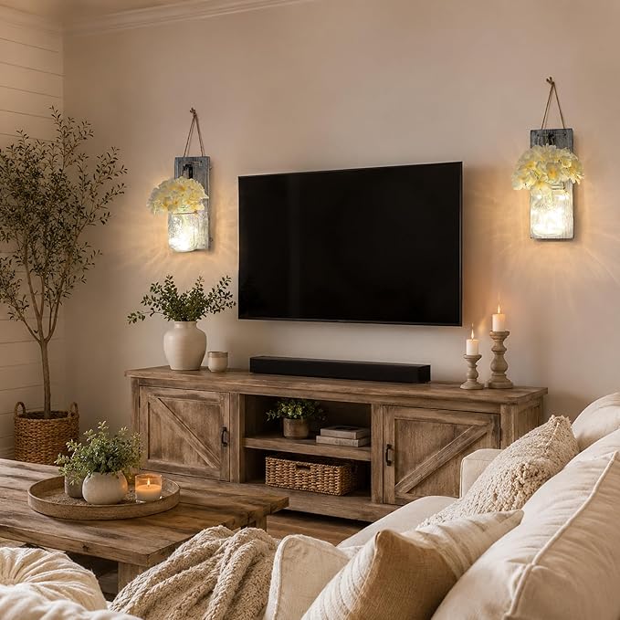 Rustic Mason Jar Sconces Wall Decor - Set of 2 Hanging Wooden Wall Art with LED String Lights & Remote Timer - Vintage Farmhouse Decoration for Living Room or Bedroom, Grey